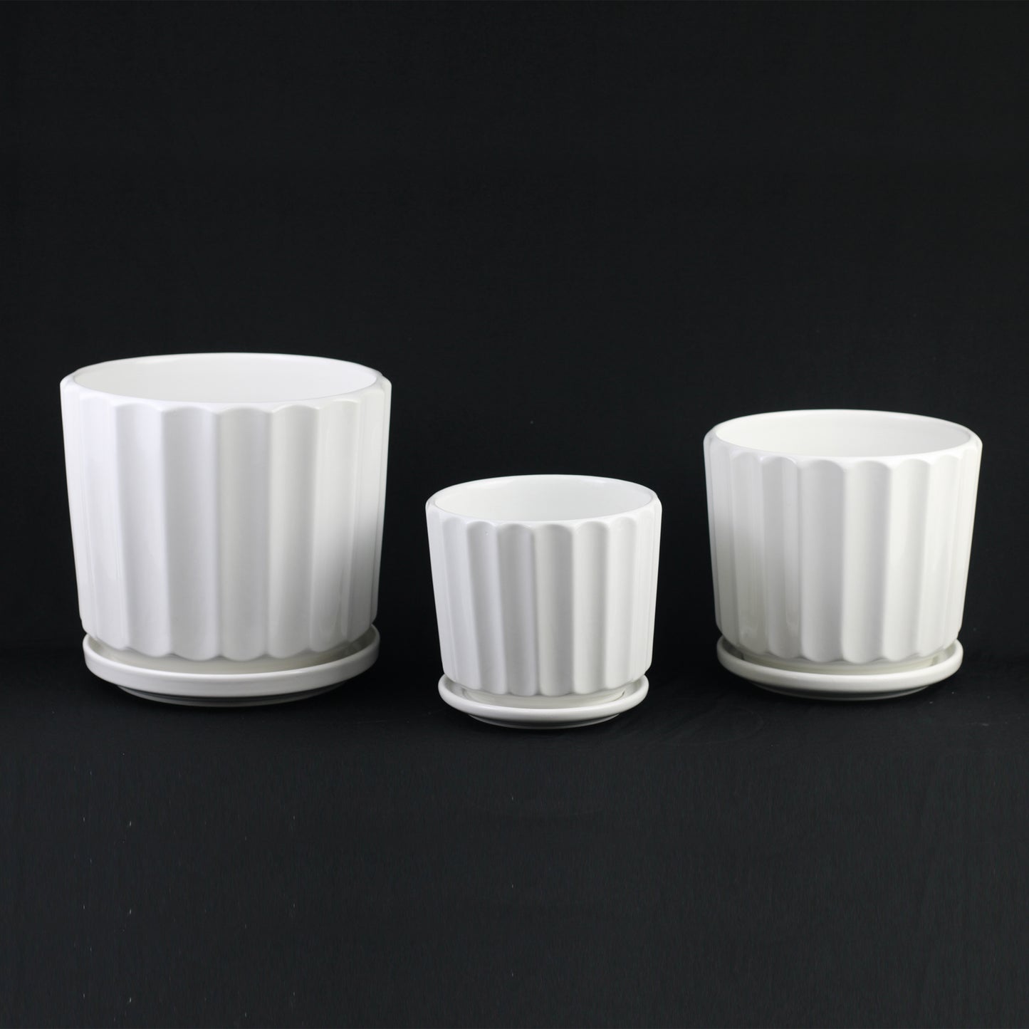 3-Piece White Ceramic Planter Pot Set with Fluted Design & Saucers