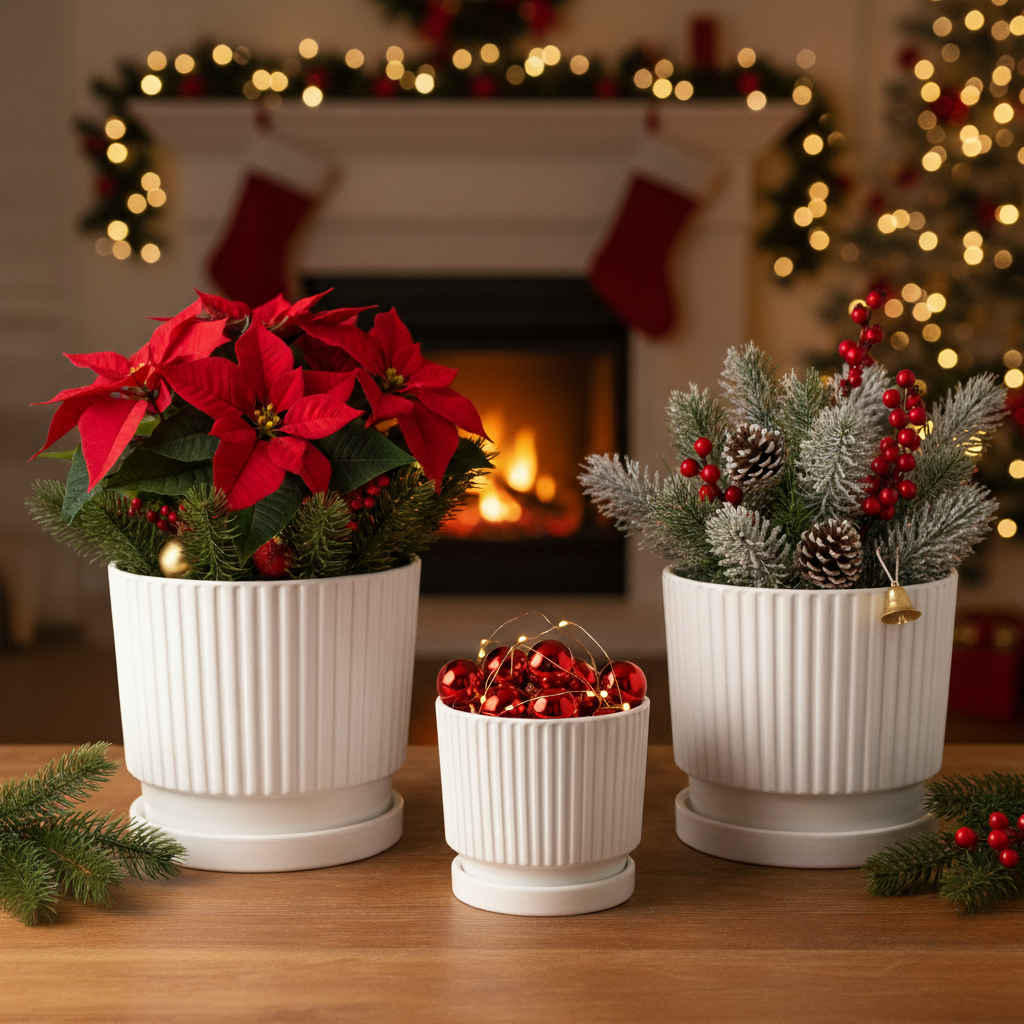 Decorative potted plants with red flowers and small trees on a wooden surface, with a fireplace and Christmas tree in the background.