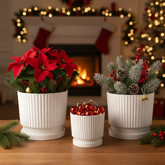 Decorative potted plants with red flowers and small trees on a wooden surface, with a fireplace and Christmas tree in the background.