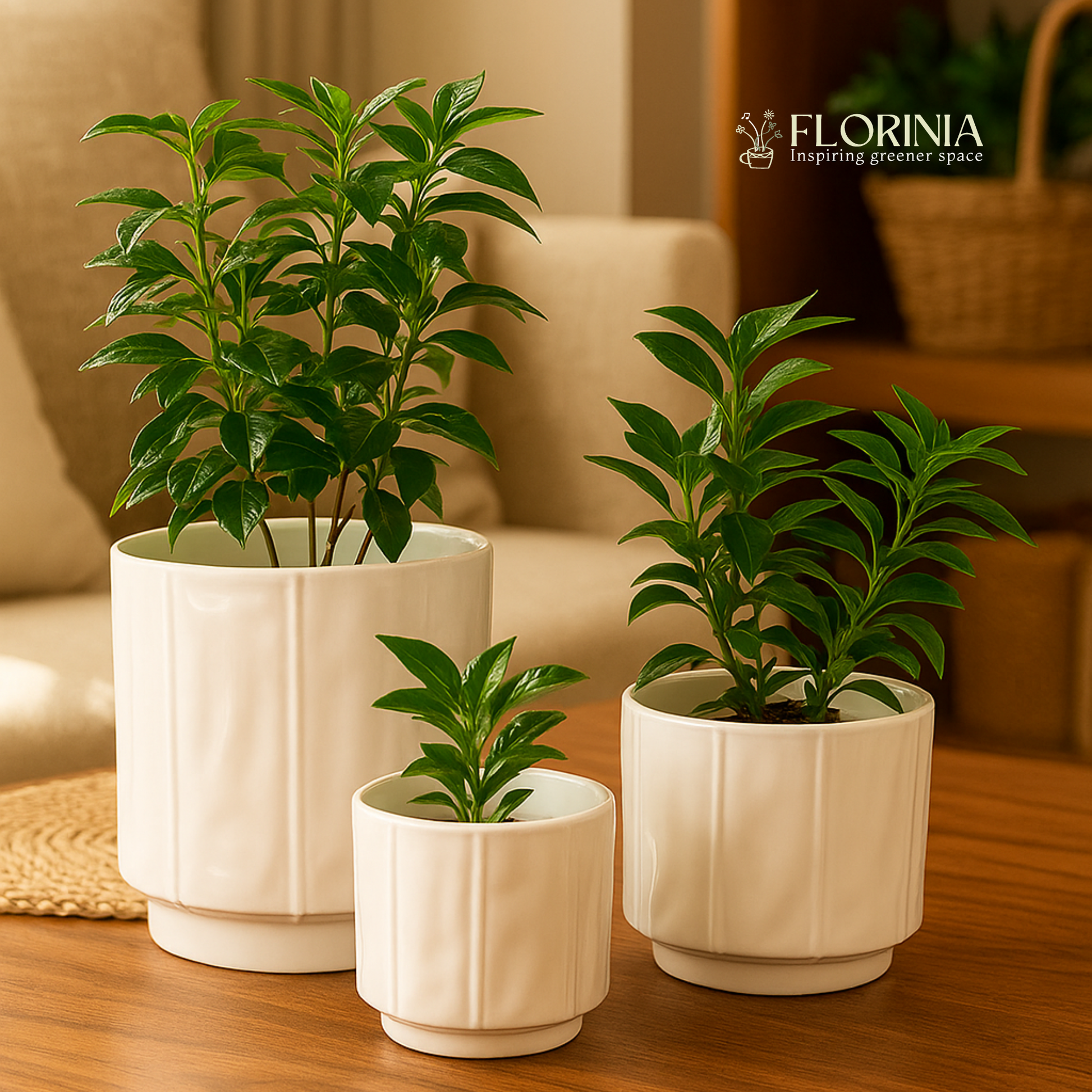 Three white ceramic planter pots with smooth vertical panel design, each holding lush green plants, displayed on a wooden table in a cozy living room. 
