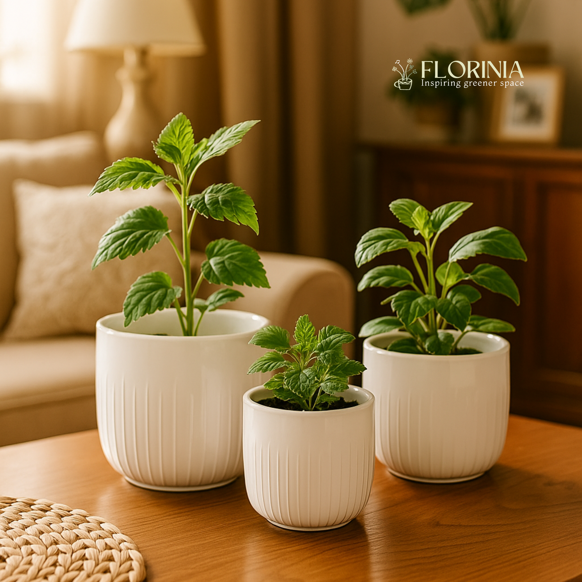 Three white ceramic planter pots with vertical grooves holding green leafy plants, placed on a wooden coffee table in a cozy living room with soft warm lighting. Florinia logo in the background reads “Inspiring greener space.