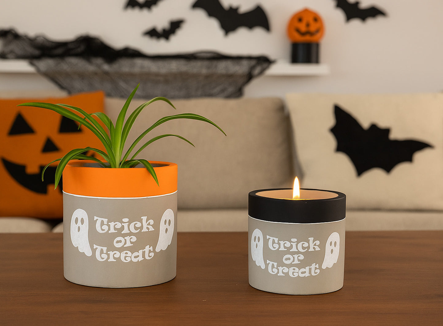 “Trick or Treat” Concrete Pot with Ghost Motif – Planter or Votive