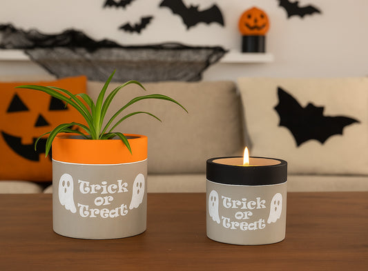 “Trick or Treat” Concrete Pot with Ghost Motif – Planter or Votive