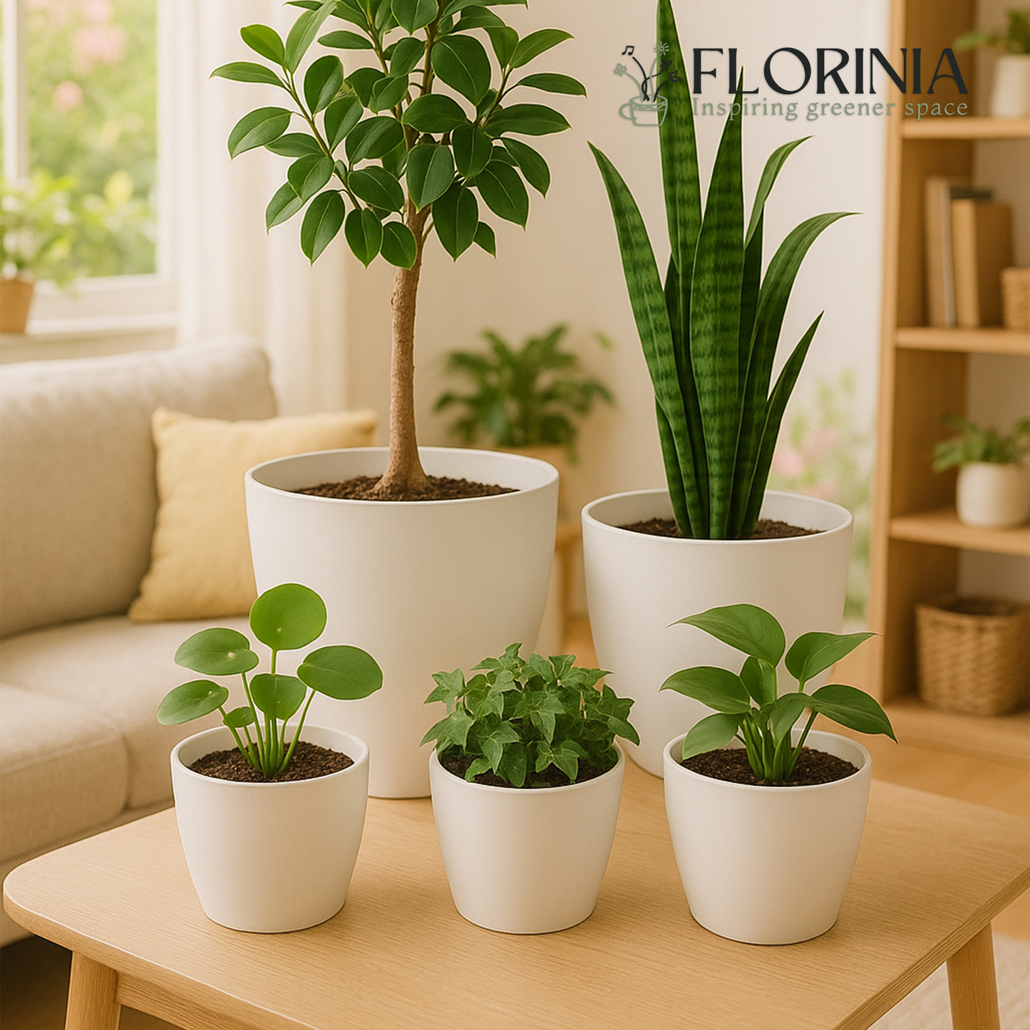 Five indoor plants in minimalist white ceramic planters of various sizes, including a small tree, snake plant, and leafy houseplants, arranged on a wooden table in a bright cozy living room.
