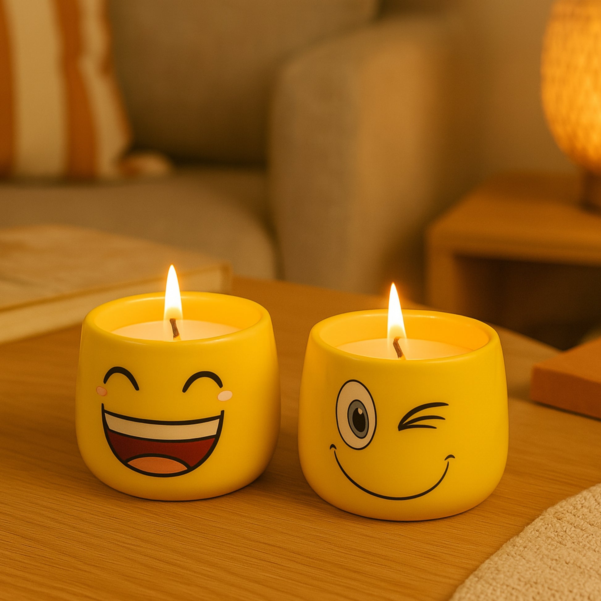 Two lit yellow ceramic candles with smiling and winking emoji faces, placed on a wooden table in a cozy living room setting with warm lighting.