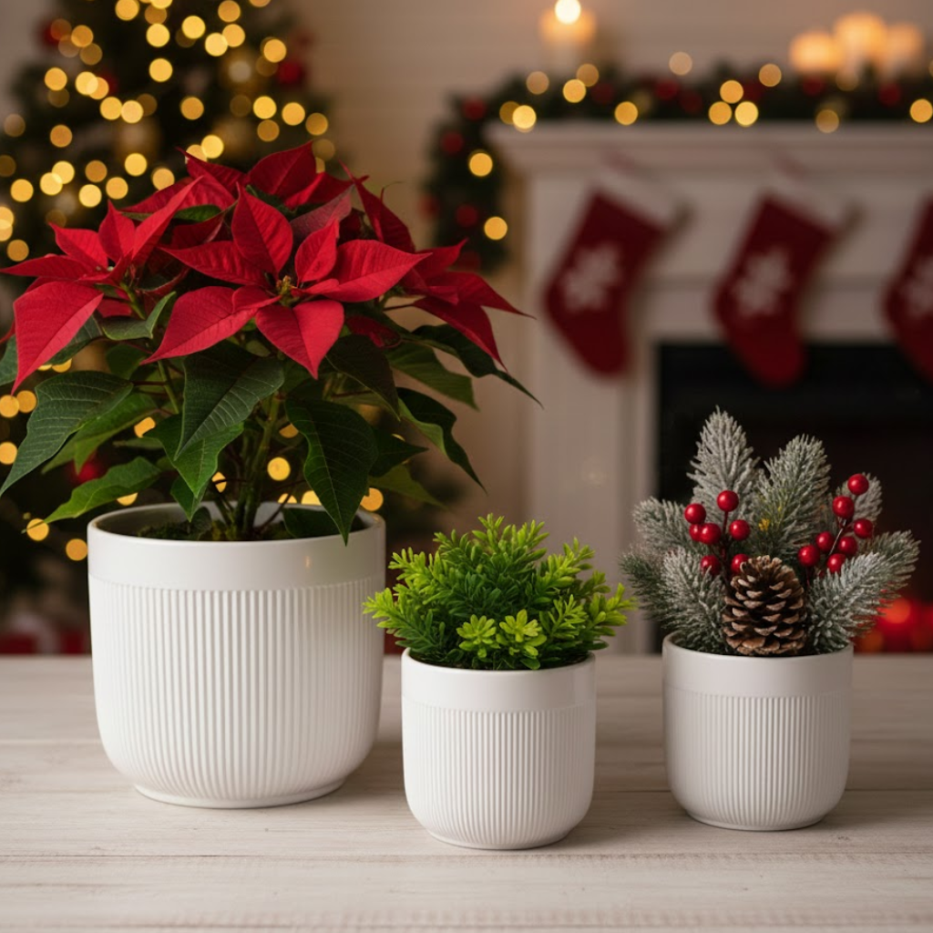 Three potted plants on a table with a festive background featuring Christmas lights and stockings.