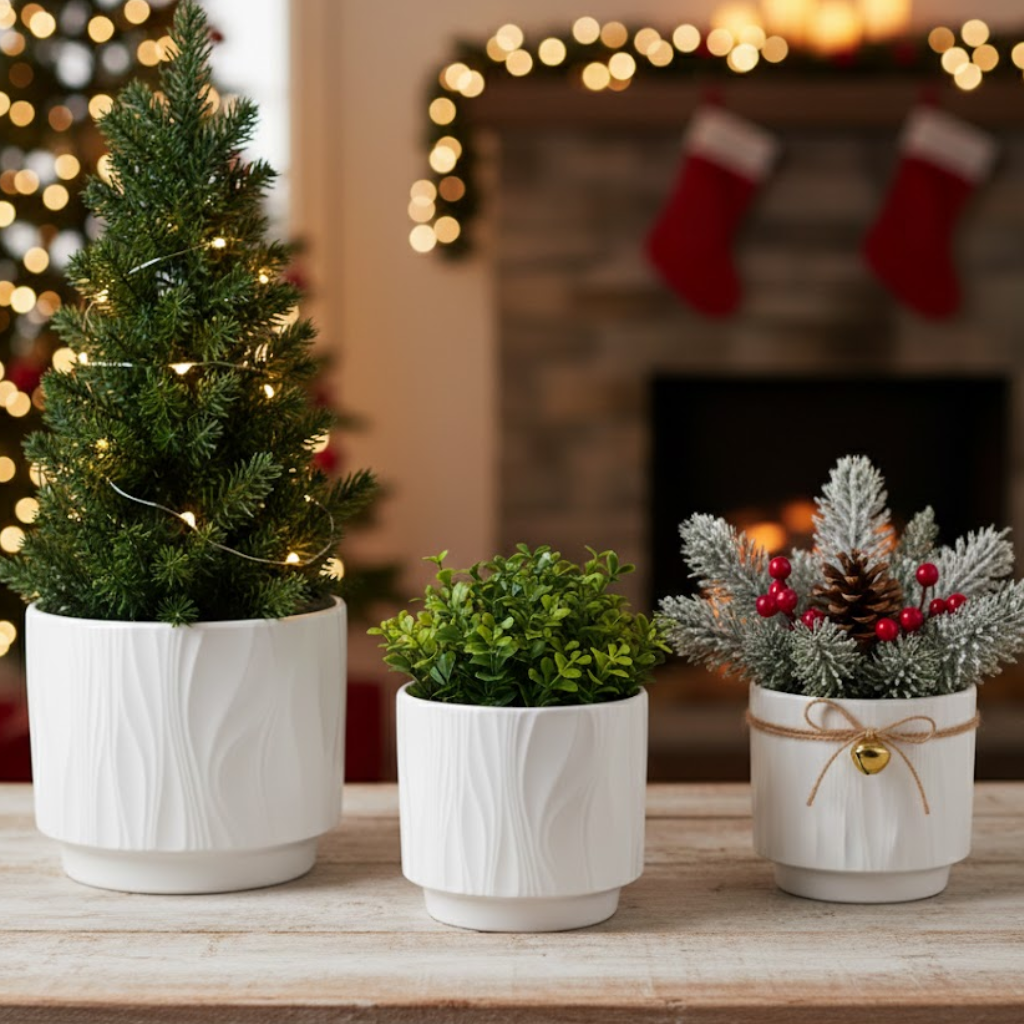 Three potted plants on a table with a festive background featuring stockings and lights.