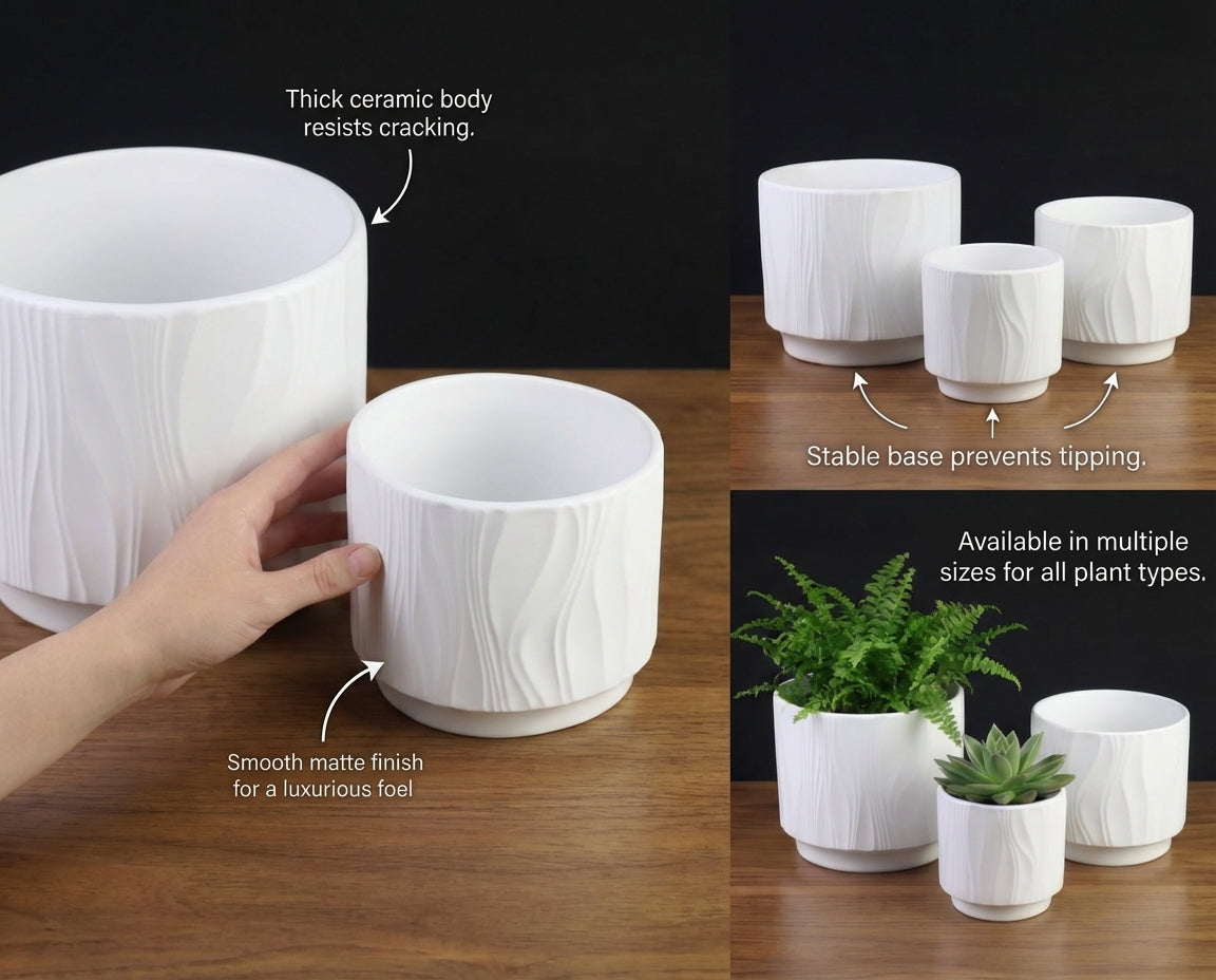 White ceramic planters with features highlighted on a wooden surface