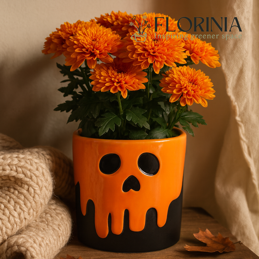 Orange and black ceramic planter with dripping skull design, filled with bright orange chrysanthemums, displayed beside a beige knit blanket and autumn leaves for a cozy Halloween look.