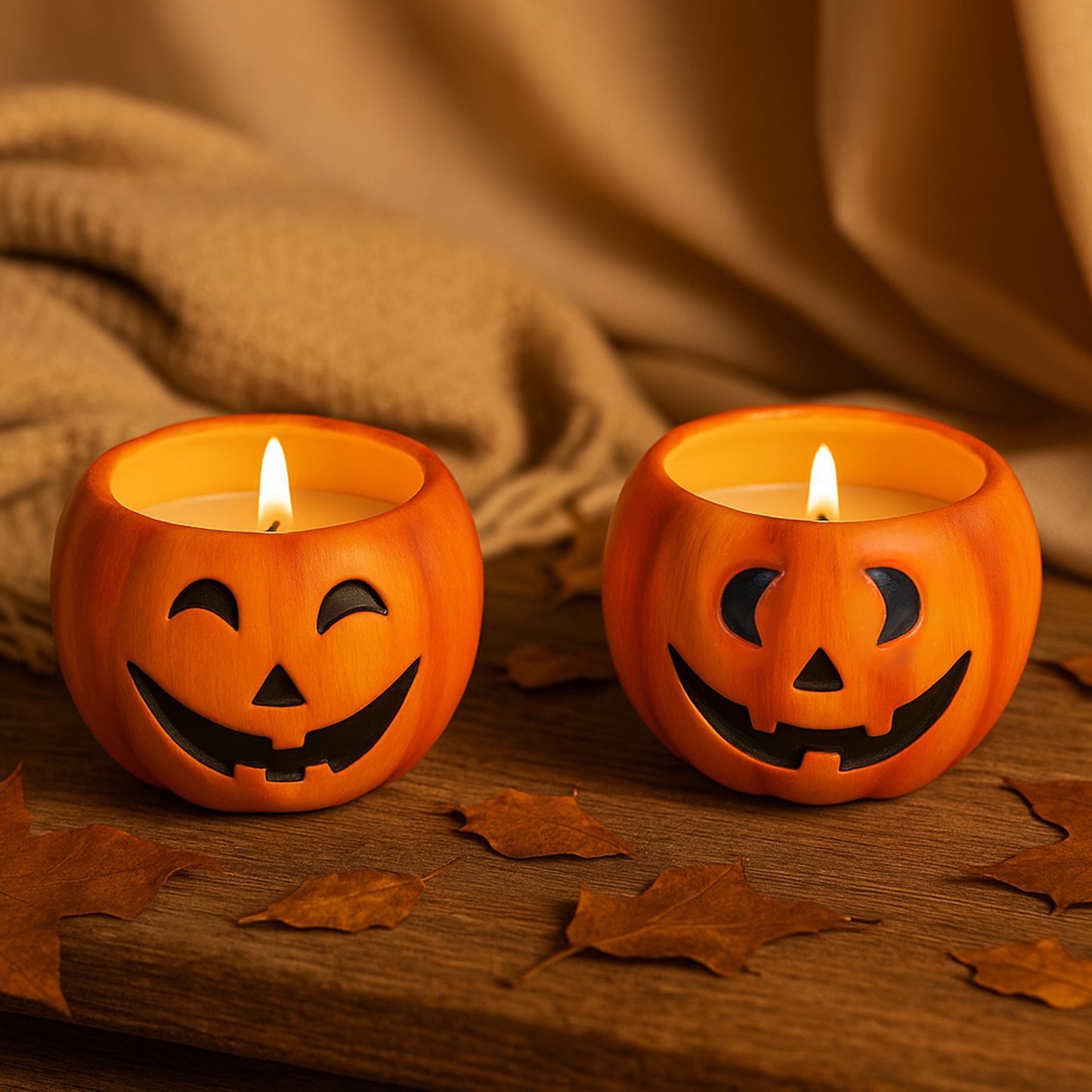 Two lit pumpkin-shaped candles with smiling jack-o’-lantern faces, placed on a wooden surface with autumn leaves and a cozy beige blanket in the background.