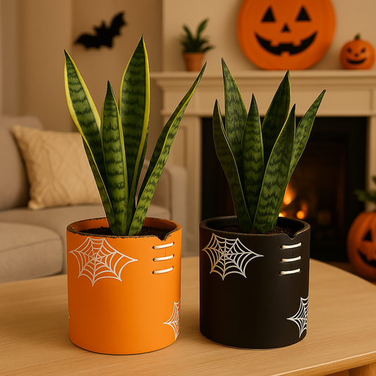 Halloween-themed ceramic planters in orange and black with white spiderweb designs, each holding a snake plant, displayed on a wooden table in a cozy living room with jack-o’-lantern décor and fireplace in the background.