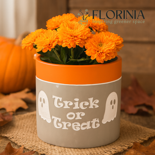 Gray and orange ceramic planter with white ghost designs and “Trick or Treat” text, filled with bright orange flowers and displayed on a rustic burlap surface with pumpkins and autumn leaves in the background.