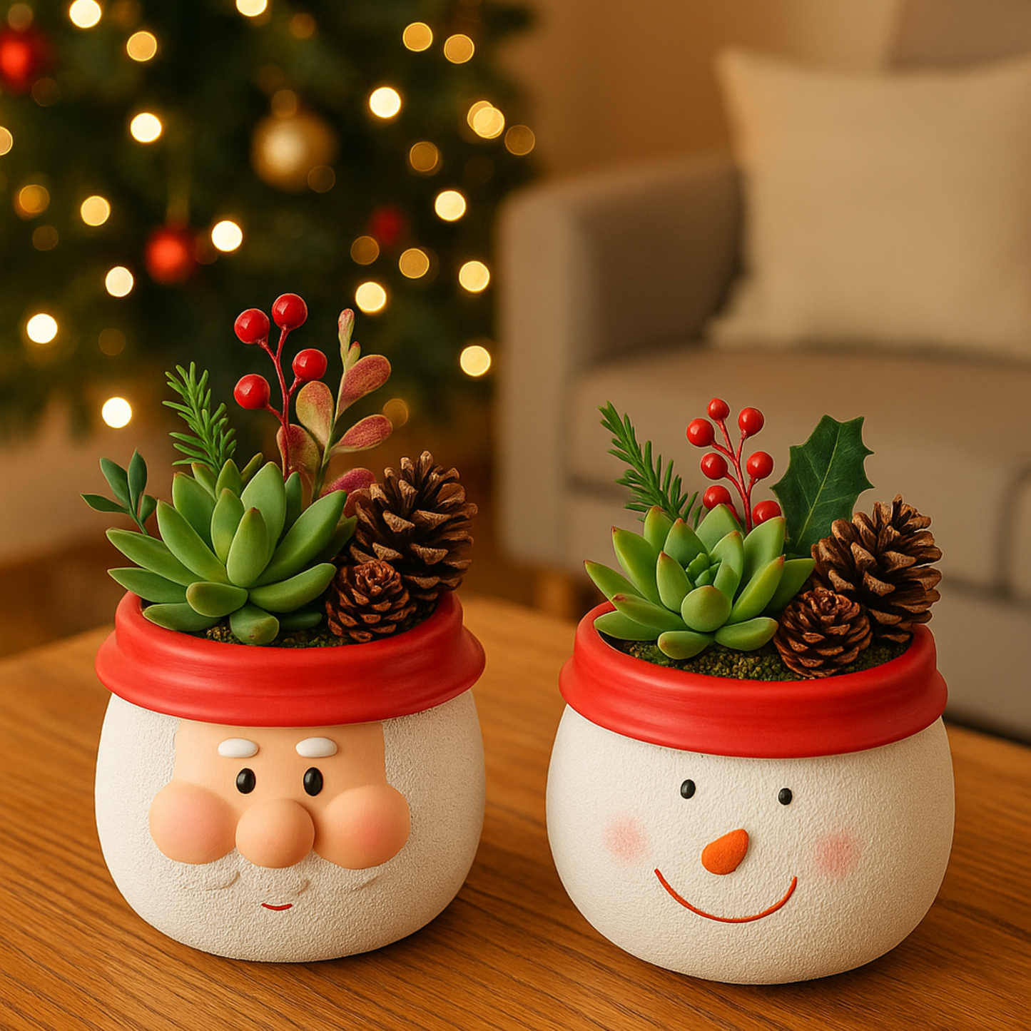 Santa or Snowman Christmas Planter – Single Piece – Festive Cement Holiday Pot