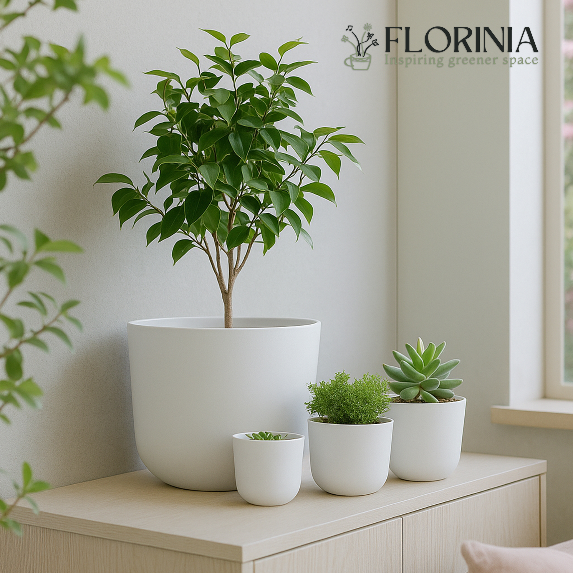 Set of four minimalist white ceramic planters with a small indoor tree, succulent, and green houseplants arranged on a light wooden cabinet beside a window in a bright modern room.