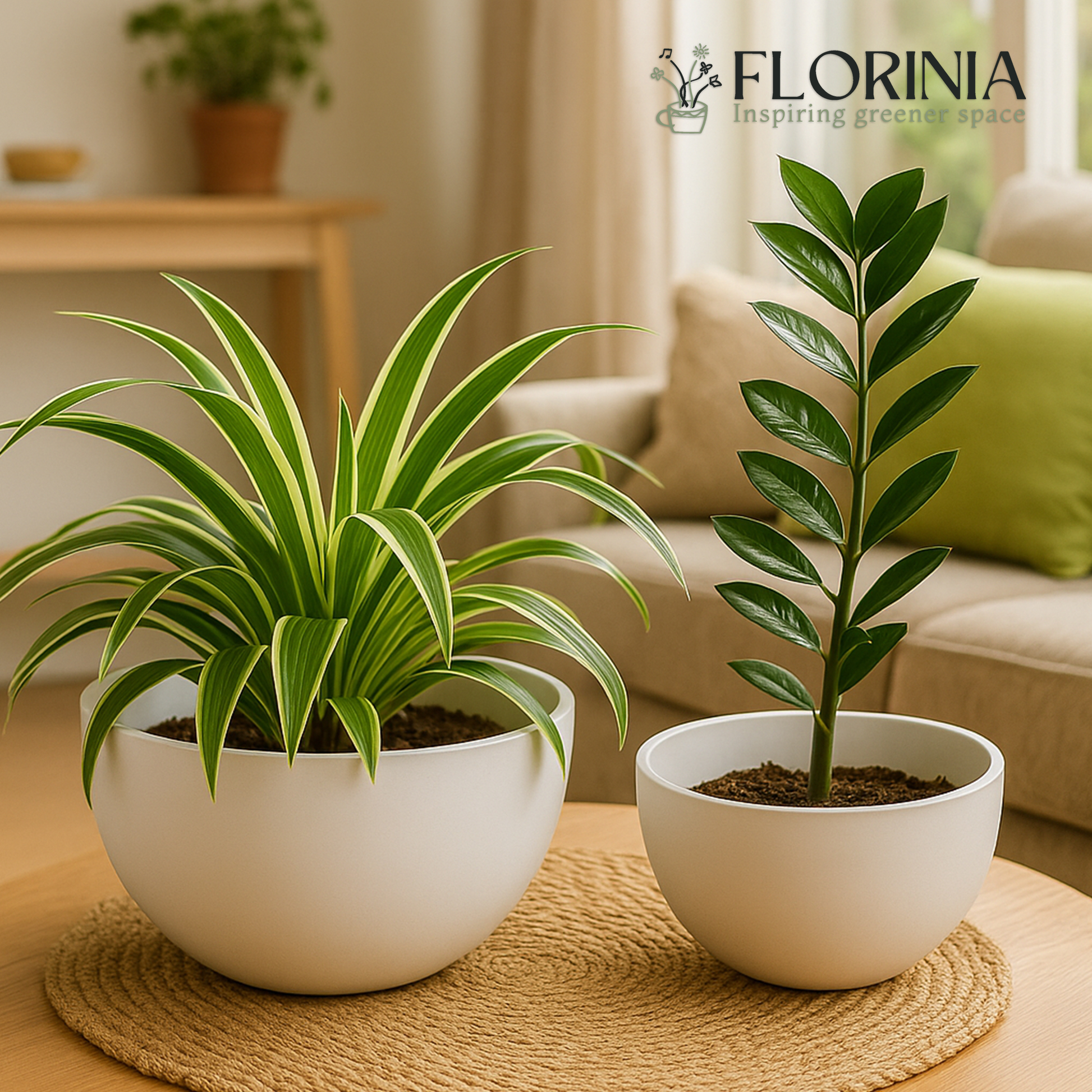 Two indoor plants in round matte white ceramic planters, featuring a spider plant and a ZZ plant, placed on a woven mat in a bright living room with natural light.
