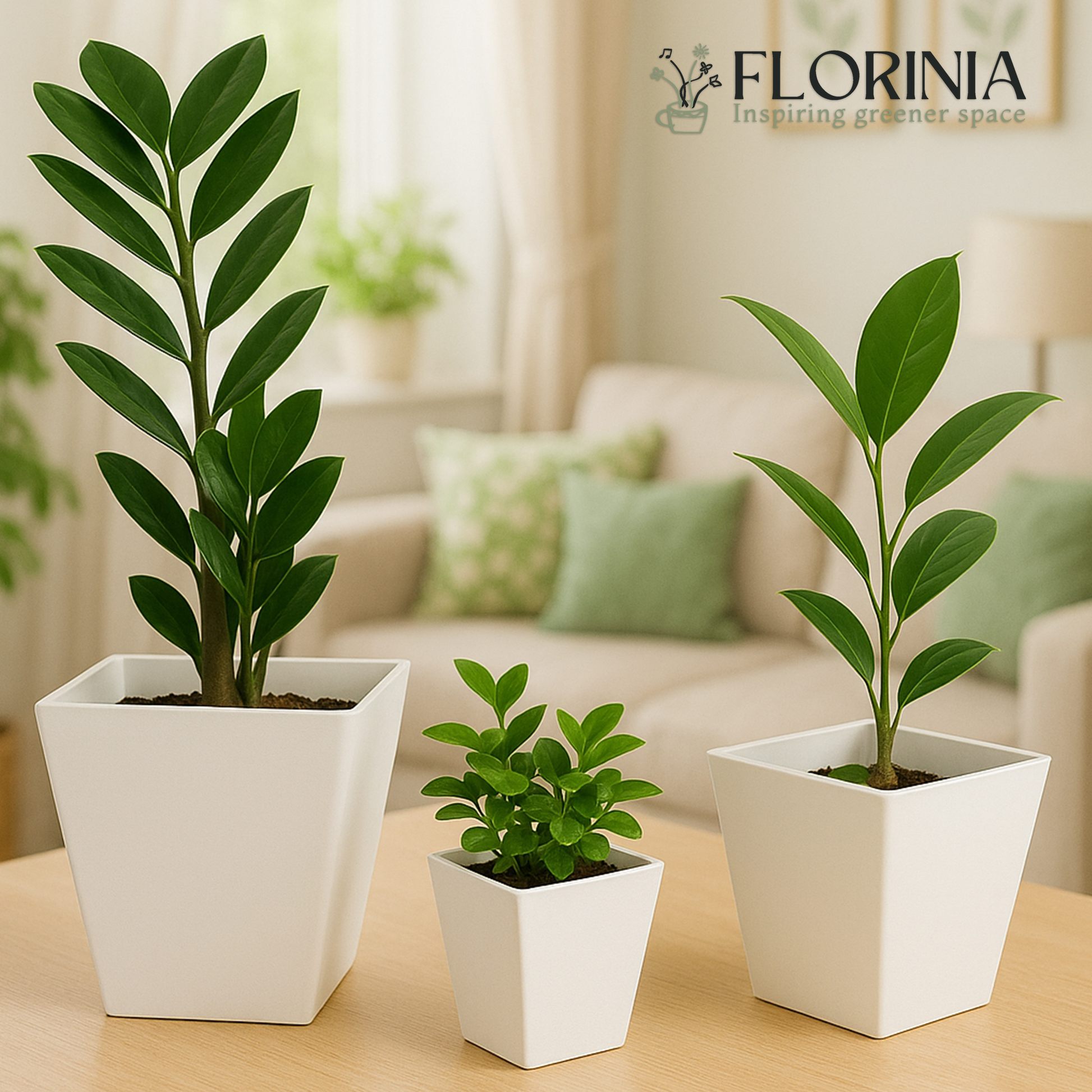 Three green indoor plants in modern white square ceramic planters, arranged on a wooden table in a bright living room with soft natural light and green accent pillows.