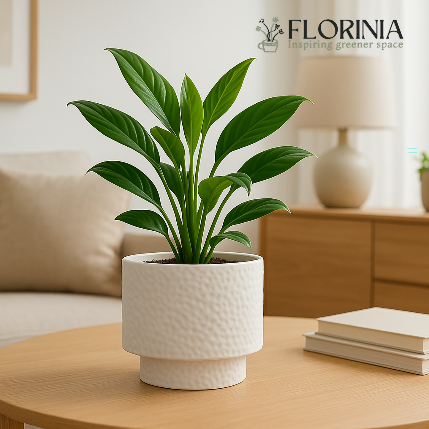 Green leafy indoor plant in a white textured ceramic planter placed on a wooden coffee table in a modern living room with soft natural light.