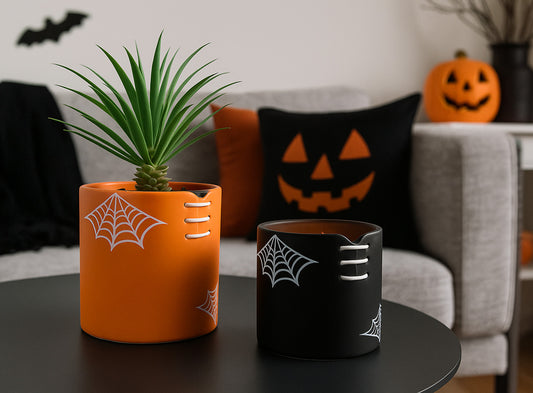 Spiderweb Stitch Ceramic Pot – Halloween Planter or Votive