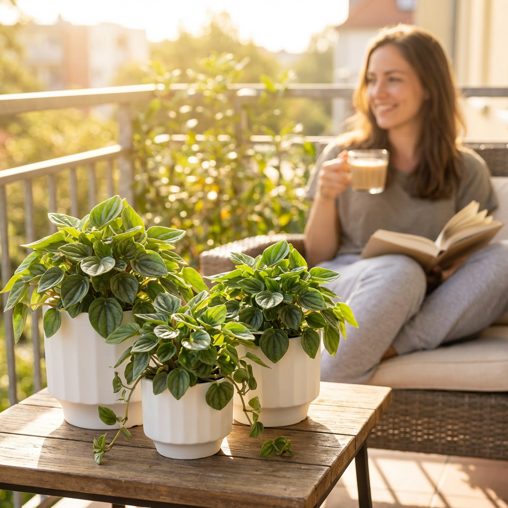 Woman sitting on a balcony with plants and a book, enjoying a drink.