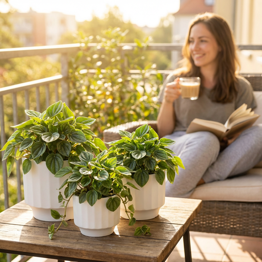 Woman sitting on a balcony with plants and a book, enjoying a drink.