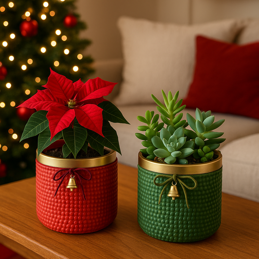 Red or Green Bell Christmas Ceramic Planter – Single Piece – Festive Textured Design