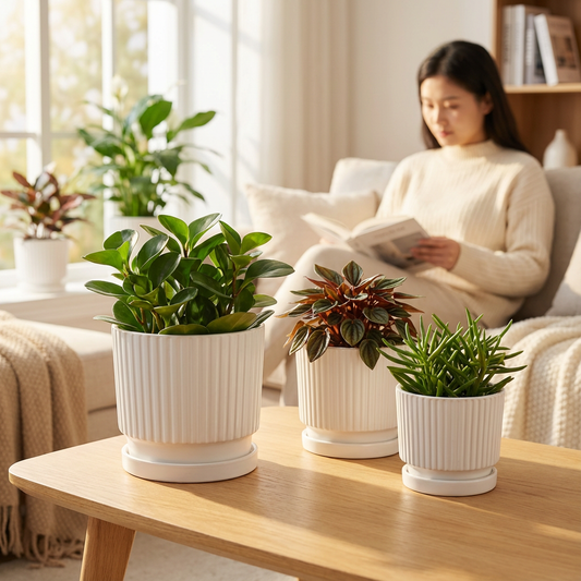 Woman reading a book on a couch with potted plants on a coffee table in a bright living room.