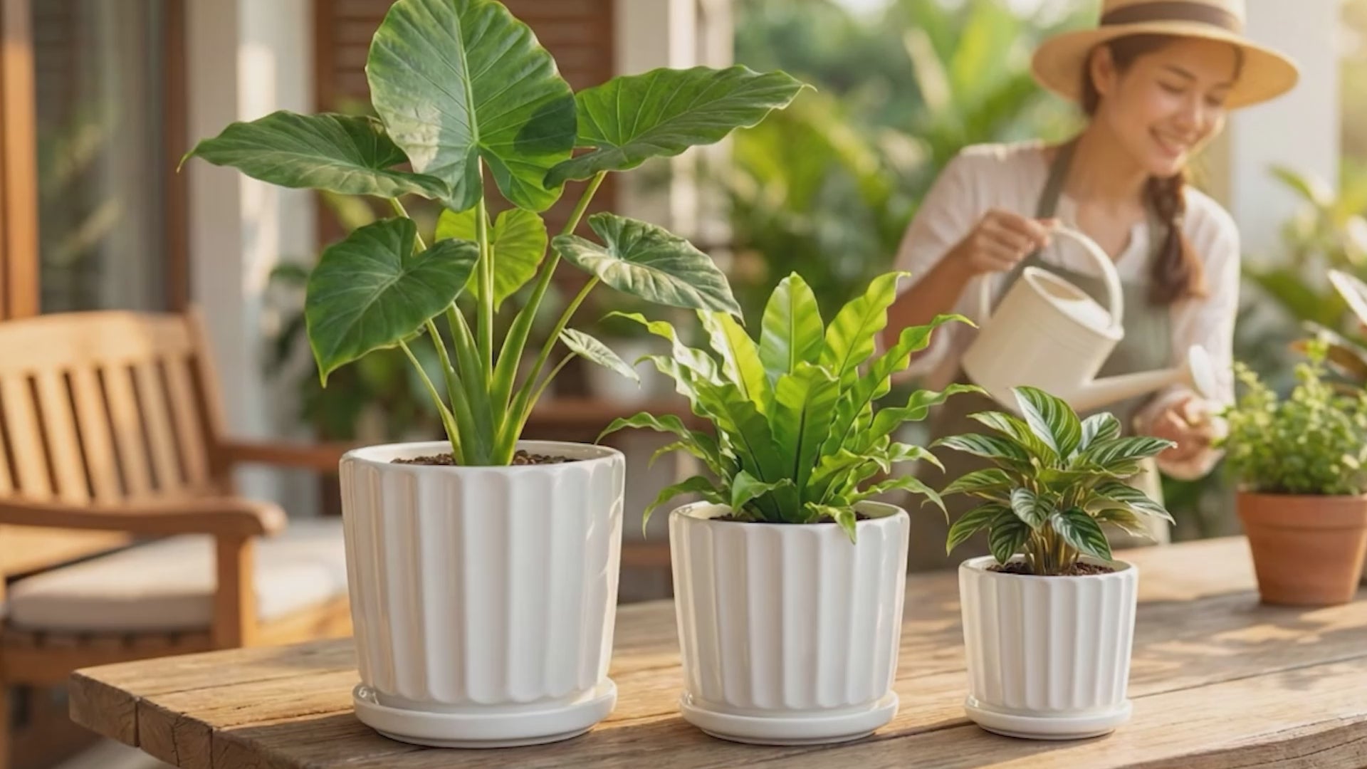 Load video: Modern white ceramic planters with green indoor plants displayed on a sunlit porch beside a woman enjoying coffee and reading.
